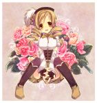  1girl beret blonde_hair bouquet detached_sleeves drill_hair fingerless_gloves flower gloves hat highres long_hair mahou_shoujo_madoka_magica open_mouth rose sitting skirt smile solo thighhighs tomoe_mami twin_drills yellow_eyes 