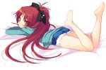  barefoot bow feet hair_bow long_hair lying mahou_shoujo_madoka_magica mouth_hold on_stomach pocky ponytail red_eyes red_hair redhead sakura_kyouko sazaki_ichiri shorts sketch solo 