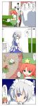  ! 2girls 4koma braid china_dress chinese_clothes closed_eyes comic eyes_closed flower hat highres hong_meiling izayoi_sakuya long_hair maid_headdress multiple_girls open_mouth red_hair redhead ribbon rokugatsu_t short_hair silver_hair smile star the_embodiment_of_scarlet_devil touhou translated translation_request twin_braids 