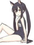  black_hair blush brown_eyes cat_ears k-on! long_hair looking_back motorii nakano_azusa payot school_swimsuit sitting swimsuit twintails very_long_hair wet 