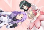  akemi_homura akemi_homura_(cosplay) black_hair blush cosplay gloves green_eyes kajiki_yumi kaname_madoka kaname_madoka_(cosplay) mahou_shoujo_madoka_magica multiple_girls purple_hair red_eyes saki short_hair touyoko_momoko zanku 