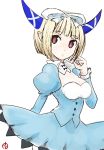 blonde_hair bow c_(control) c_the_money_of_soul_and_possibility_control horns itsukage pointy_ears ribbon short_hair simple_background solo symbol-shaped_pupils 