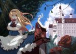  alice alice_in_wonderland bad_id blonde_hair candy castle caterpillar caterpillar_(wonderland) chainsaw cloud dress flower frills fuurin_(omaemona) hairband lollipop long_hair plant red_rose rose skirt solo tower tree when_you_see_it 