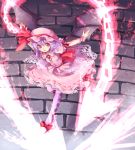  argyle argyle_legwear bat_wings blue_hair chain dress hat highres leaning_forward makuwauri outstretched_arms pantyhose pink_dress pink_legwear red_eyes remilia_scarlet solo spear_the_gungnir stone_wall touhou wall wings 