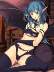  bat_wings blue_hair cani demon_girl grey_eyes highres horns open_mouth original pointy_ears shijimi_(osumashi) solo thigh-highs thighhighs wings 