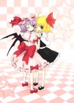  absurdres ahoge bat_wings blonde_hair blush bow dress eluthel fang hair_bow hair_ribbon hat highres mary_janes multiple_girls open_mouth purple_hair red_eyes remilia_scarlet ribbon rumia shoes short_hair the_embodiment_of_scarlet_devil touhou wings youkai 