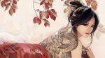  back backpiece black_hair brown_eyes dragon earrings eastern_dragon full_body_tattoo hair_ornament highres jewelry jianxia_qingyuan_3 jpeg_artifacts leaf lips lying naked_sheet official_art on_stomach realistic solo tattoo topless wallpaper zhang_xiaobai 