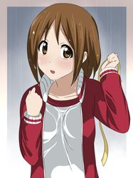  :o brown_eyes brown_hair bust gym_uniform hair_down hair_ribbon hirasawa_ui ikari_manatsu k-on! rain ribbon short_hair solo track_jacket wet wet_clothes wet_hair 