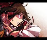  ascot bad_id bow brown_hair clenched_teeth detached_sleeves grin hair_bow hair_ornament hair_tube hair_tubes hakurei_reimu highres japanese_clothes miko mizuki_(ekakichan) open_mouth smile solo touhou yellow_eyes 