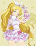  blonde_hair bow braid cure_rhythm dress earrings fantastic_belltier frills green_eyes hair_ribbon hairband hand_on_hip heart hips jewelry kannagi_kaname long_hair looking_back magical_girl minamino_kanade musical_note precure ribbon smile solo suite_precure wand wrist_cuffs yellow_background 