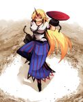 arm_up blonde_hair breasts chain chains clenched_hand fighting_stance fist highres horn hoshiguma_yuugi long_hair long_skirt maho_(boku_no_kao_wo_otabeyo) pointy_ears red_eyes sakazuki skirt smile solo standing star t-shirt touhou tsurime very_long_hair