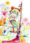  bow bow_(instrument) colorful erhu flower green_eyes instrument lily_(flower) row_(akatuki) satsuki_rin simple_background smile solo touhou traditional_media watercolor_(medium) 