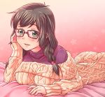  brown_eyes brown_hair e20 glasses houzumi_kaede lying on_stomach open_mouth original smile solo sweater twin_braids 