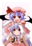  :d animal_ears apron bad_id bat_wings be_(o-hoho) blue_hair blush blush_stickers bunny_ears carrying dress ear_grab frills frown hat hat_ribbon highres lavender_hair loafers long_hair multiple_girls open_mouth red_eyes reisen_udongein_inaba remilia_scarlet ribbon shoes short_hair shoulder_carry smile touhou wavy_mouth wings 