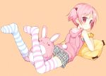  feet looking_back lying meito_(maze) original pillow pink_eyes pink_hair short_hair short_twintails shorts solo striped striped_legwear striped_thighhighs stuffed_toy thigh-highs thighhighs twintails 