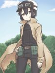  belt_pouch cloud clouds coat expressionless formal fur_hat goggles goggles_on_head hat kino kino_no_tabi looking_down motorii purple_eyes reverse_trap short_hair sky smile suit tree violet_eyes 