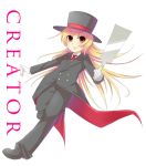  blonde_hair character_name creator_(saga) genderswap hat long_hair masamune_(hakuba_kakei) masamune_(sky2943) necktie red_eyes saga saga_1 saw simple_background solo spoilers top_hat white_background 