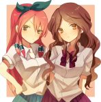  bad_id brown_hair hair_ribbon hand_on_hip hips inazuma_eleven inazuma_eleven_(series) inazuma_eleven_go kurodeko long_hair multiple_girls pink_hair raimon_natsumi ribbon school_uniform seto_midori 