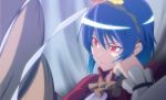  anime_coloring blue_hair chin_rest h-new hand_on_own_cheek hand_on_own_face raised_eyebrow red_eyes shimenawa short_hair slit_pupils solo touhou yasaka_kanako 