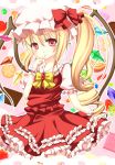  blonde_hair cookie dress finger_to_mouth flandre_scarlet food fruit harukaruha hat highres red_dress red_eyes side_ponytail solo strawberry the_embodiment_of_scarlet_devil touhou wings 