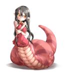  black_hair blush breasts china_dress chinese_clothes frfr lamia long_hair monster_girl original pointy_ears scales snake solo tail tattoo yellow_eyes 