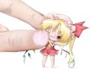  barefoot blonde_hair bow cait-sith chibi fang flandre_scarlet hands hat hat_bow lowres minigirl red_eyes short_hair side_ponytail skirt skirt_set solo touhou wings wink 