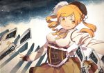  beret blonde_hair breasts corset detached_sleeves drill_hair fingerless_gloves gloves gun hair_ornament hairpin hat magical_girl magical_musket mahou_shoujo_madoka_magica pleated_skirt puffy_sleeves ribbon rifle skirt smile solo tomoe_mami tow0 twin_drills weapon 