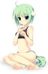  animal_ears bad_id barefoot blue_eyes dog_days dog_ears eclair_martinozzi feet green_hair int panties short_hair simple_background soles striped striped_panties tail toes underwear white_background 