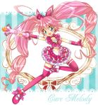  :d ahoge bad_hands blue_eyes bow braid character_name choker cure_melody curly_hair dress earrings frills hair_ribbon happy heart hiyopuko houjou_hibiki jewelry long_hair magical_girl midriff miracle_belltier navel open_mouth pink_hair pink_legwear precure ribbon shoes smile solo suite_precure thigh-highs thighhighs twintails very_long_hair wand wrist_cuffs 