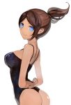  asahina_aoi_(dangan-ronpa) ass bare_shoulders blue_eyes breasts brown_hair dangan-ronpa dangan_ronpa dark_skin large_breasts one-piece_thong panties ponytail pupps short_hair simple_background smile solo swimsuit thong underwear 