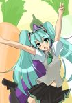  aqua_eyes aqua_hair hatsune_miku headphones leg_lift long_hair momio necktie outstretched_arms poppippoo_(vocaloid) project_diva project_diva_2nd school_uniform skirt solo thigh-highs thighhighs twintails v very_long_hair vocaloid 