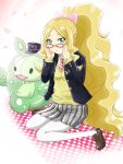  bespectacled blonde_hair cattleya_(pokemon) glasses green_eyes hat long_hair pantyhose pokemon pokemon_(game) pokemon_black_and_white pokemon_bw ponytail reuniclus very_long_hair white_legwear yaomai 