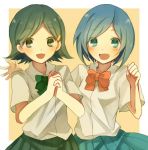  bad_id blue_eyes blue_hair green_eyes green_hair hands_clasped inazuma_eleven inazuma_eleven_(series) inazuma_eleven_go kino_aki kurodeko multiple_girls open_mouth ribbon school_uniform short_hair sorano_aoi 