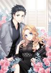  black_hair blonde_hair blue_eyes collar couple crossed_legs dress flower formal green_eyes grey_eyes hair_ornament hairclip height_difference jewelry long_hair nail_polish nardack necklace original pink_rose rose short_hair silver_eyes sitting size_difference smile suit wavy_hair 