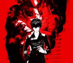  arsene_(persona_5) black_hair card english hand_in_pocket height_chart highres holding holding_card kurusu_akira no_glasses official_art persona persona_5 protagonist_(persona_5) school_uniform short_hair smile soejima_shigenori turtleneck 