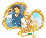  blonde_hair chigi-re07 disney flynn_rider frying_pan green_eyes grin long_hair pascal_(tangled) rapunzel_(disney) smile tangled very_long_hair 