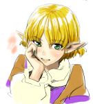  blonde_hair chin_rest face fang fingernails green_eyes mizuhashi_parsee pointy_ears scarf shiba_itsuki short_hair simple_background slit_pupils solo teeth touhou white_background 