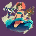  1girl bandeau banette blue_eyes brown_hair dark_skin elite_four flower fuyou_(pokemon) ghost hair_flower hair_ornament midriff navel pokemon pokemon_(creature) pokemon_(game) pokemon_rse sableye skirt tubetop ucchii utchywatson 