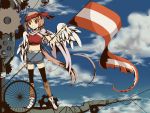  angel_wings boots cape cloud cloudy_sky flag full_body gears headband holding_flag long_hair nekomura_iroha pink_hair ponytail shorts sky tagme tattered_flag vocaloid wings yellow_eyes zettai_ryouiki 