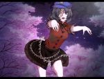  bad_id black_eyes black_hair cherry_blossoms face flower foreshortening geung_si hands hat jiangshi letterboxed miyako_yoshika ofuda open_mouth outstretched_arms petals short_hair skirt sky solo star tomoe_(itigo) touhou tree zombie zombie_pose 