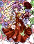  ascot cosplay flower hair_flower hair_ornament hairband kazami_yuuka kazami_yuuka_(cosplay) komeiji_satori nail_polish plaid plaid_skirt plaid_vest purple_hair red_rose rose short_hair skirt skirt_set smile solo stained_glass tartan third_eye touhou vest yuran_(kuen-hien) 