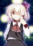  ascot bad_id black_dress blonde_hair blood blood_on_clothes blood_on_face bloody_clothes bust dress fangs finger_in_mouth hair_ribbon red_eyes ribbon rumia short_hair solo the_embodiment_of_scarlet_devil touhou umekichi youkai 