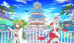  animals clouds flower flowers green_eyes green_hair japanes_clothes japanese_clothes latias personification pokemon red_eyes shaymin sky white_hair 