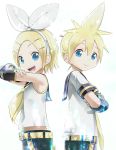  blonde_hair brother_and_sister crossed_arms detached_sleeves filtration hair_ornament hair_ribbon hairclip highres kagamine_len kagamine_rin necktie open_mouth ribbon short_hair shorts siblings smile twins vocaloid 