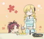  apron blonde_hair chopsticks closed_eyes drill_hair eating food fork frying_pan long_hair mahou_shoujo_madoka_magica multiple_girls pasta ponytail red_eyes red_hair redhead sakura_kyouko spaghetti tomoe_mami torashimaneko tori_(torashimaneko) 