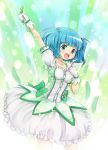  aqua_eyes aqua_hair arm_up blue_door blue_eyes blue_hair blush cosplay cucumber dress gloves hair_bobbles hair_ornament kaname_madoka kaname_madoka_(cosplay) kawashiro_nitori magical_girl mahou_shoujo_madoka_magica open_mouth short_hair short_twintails solo touhou twintails white_gloves 