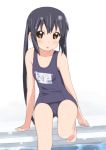  :o arm_support barefoot black_hair blush brown_eyes errant k-on! long_hair nakano_azusa name_tag one-piece_swimsuit school_swimsuit sitting solo swimsuit translated twintails very_long_hair water 