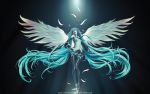  alvin_lee angel_wings aqua_eyes aqua_hair blue_eyes boots detached_sleeves feather hatsune_miku light long_hair necktie seifuku singing skirt sparkle thigh_boots twintails very_long_hair vocaloid wings wink 