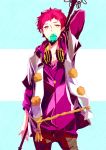  ao_no_exorcist headphones male pink_hair shima_renzou short_hair solo staff weapon 