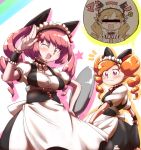  anyamal_tantei_kirumin_zoo blush bow cat_ears crossover drill_hair fang faris_nyannyan long_hair mahou_shoujo_madoka_magica maid maid_headdress mikogami_riko open_mouth orange_hair pink_eyes pink_hair salute shimetta_seiya skirt_hold smile star steins;gate tomoe_mami twintails wink 